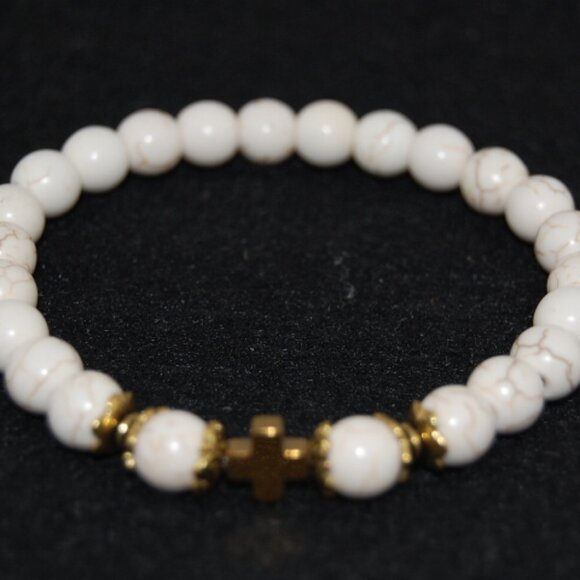 Cross Bracelet,White Howlite Bracelet,Golden Cross Bracelet,White Bracelet - Picture 2 of 2